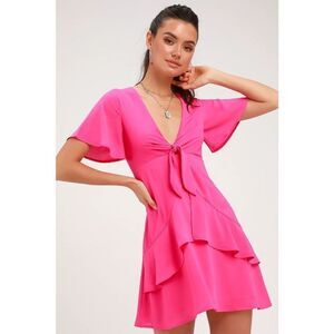 Lulu’s Fuchsia Pink Tie-Front Ruffled Skater Dress XL